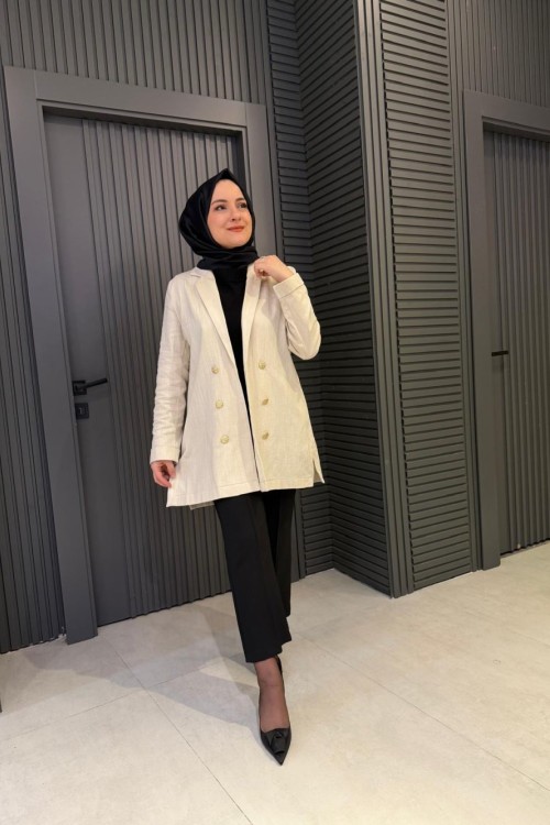 Çift Düğmeli Hüma Keten Ceket Bej
