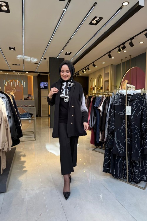 Çift Düğmeli Hüma Keten Ceket Siyah