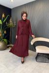 Broş Detaylı Plisoley Etekli Takım Bordo