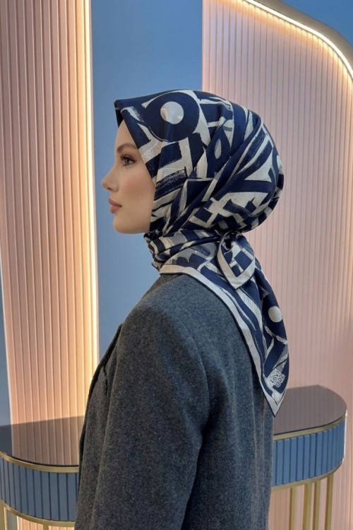 Harf Baskılı Twill İpek Eşarp Lacivert
