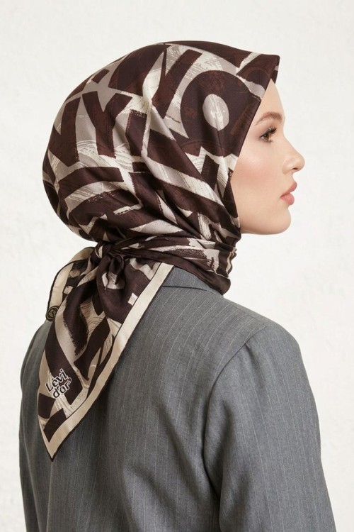 Harf Baskılı Twill İpek Eşarp Acıkahve