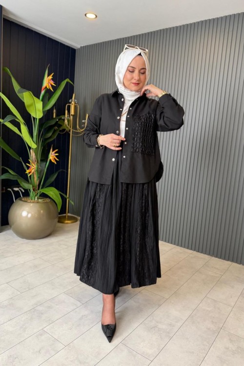 File Baskı Detaylı Neptün Gömlek Siyah