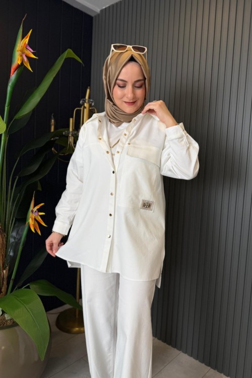 Cebi İşleme Detaylı Denim Ceket-Gömlek Ekru