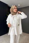 Cebi İşleme Detaylı Denim Ceket-Gömlek Ekru