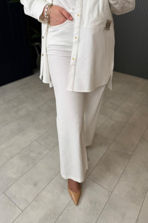 Bol Paça Denim Pantolon Ekru