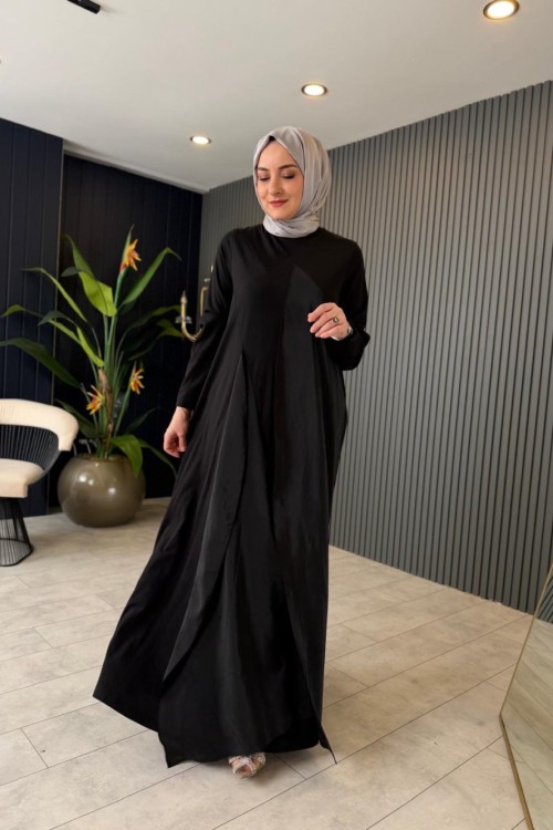 Önü ve Arkası Dubai Garnili Bambu Elbise Siyah