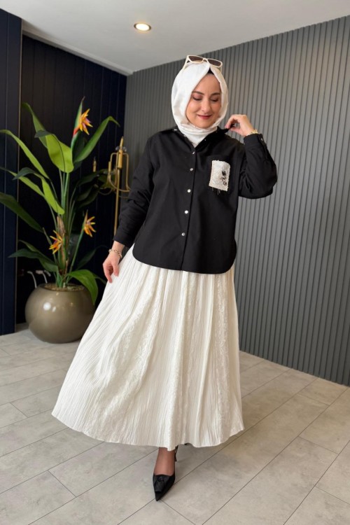 Cebi Çiçek Nakış Detaylı Gömlek Siyah