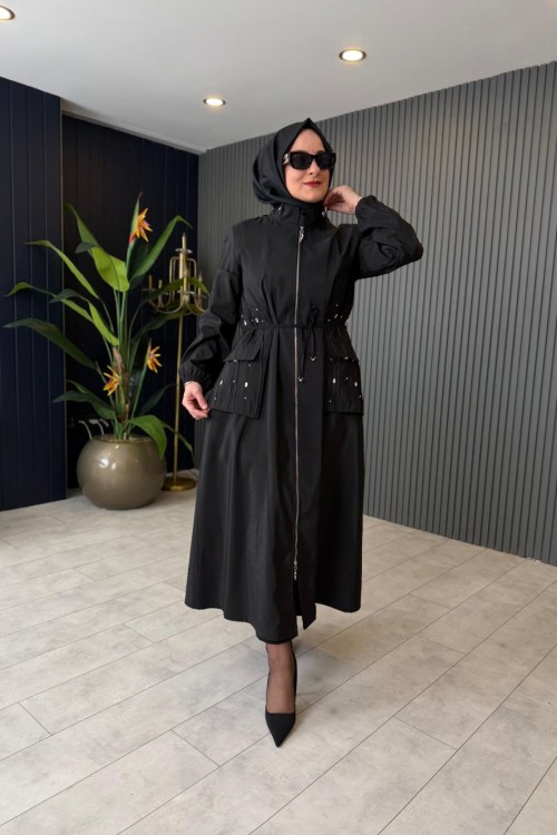 Yakası Çıt Çıt Detaylı Kraşlı Safari Kap Siyah