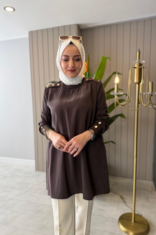 Omuz Düğme Detaylı Tunik Kahve