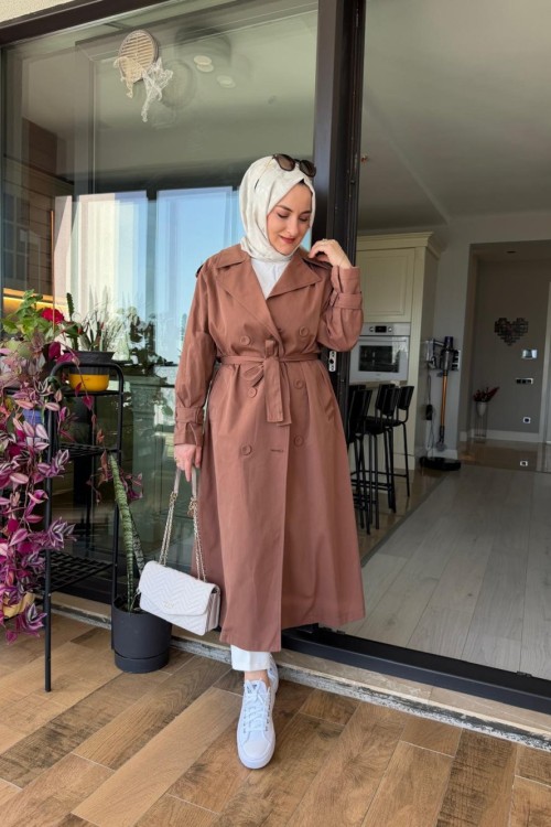 Düğme Detaylı Kruvaze Pamuk Trençkot Kahverengi