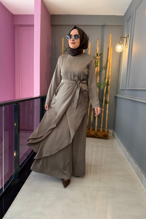 Asimetrik Detaylı Belden Bağlamalı Saphire Takım Yeşil