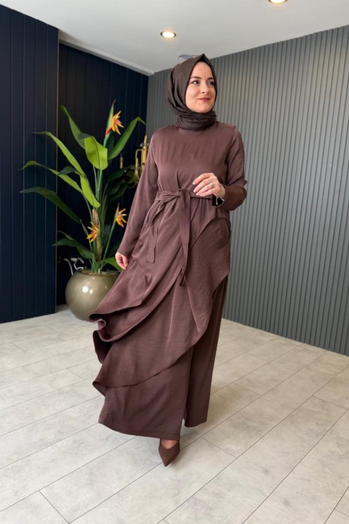 Asimetrik Detaylı Belden Bağlamalı Saphire Takım Kahverengi