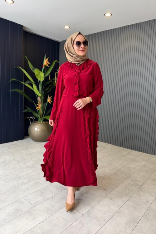 Fırfır Detaylı Etekli Takım Bordo