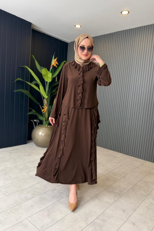 Fırfır Detaylı Etekli Takım Kahverengi