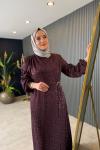 Broş Detaylı Jakar Elbise Mürdüm