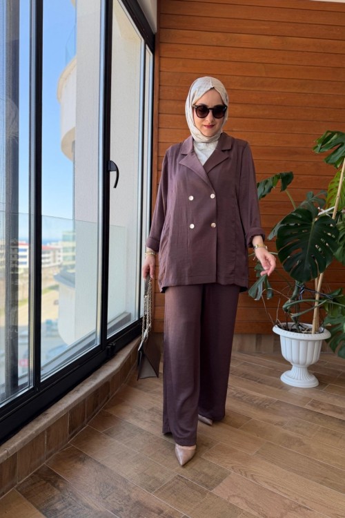 Kruvaze Saphire Pantolonlu Takım Kahverengi