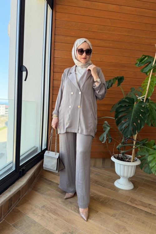 Kruvaze Saphire Pantolonlu Takım  Vizon