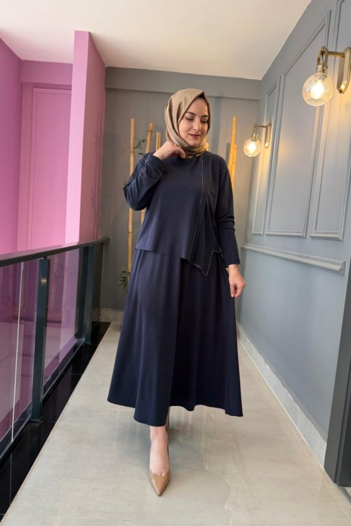 Tuniği Boncuk İşlemeli Kloş Etekli Takım Lacivert