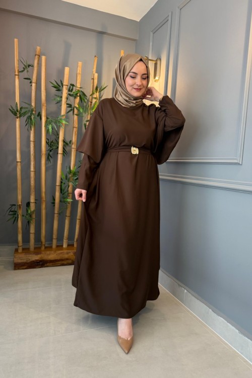Broş Detaylı Dubai Elbise Kahverengi