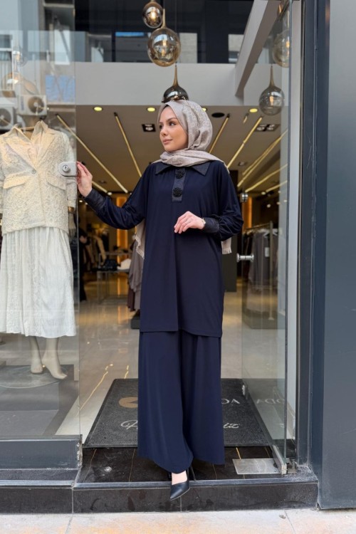 Broş Detaylı Pantolon Takım Lacivert