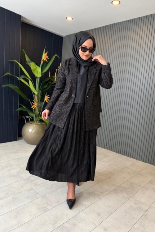 Pul Payet İşlemeli Pamuklu Ceket Siyah