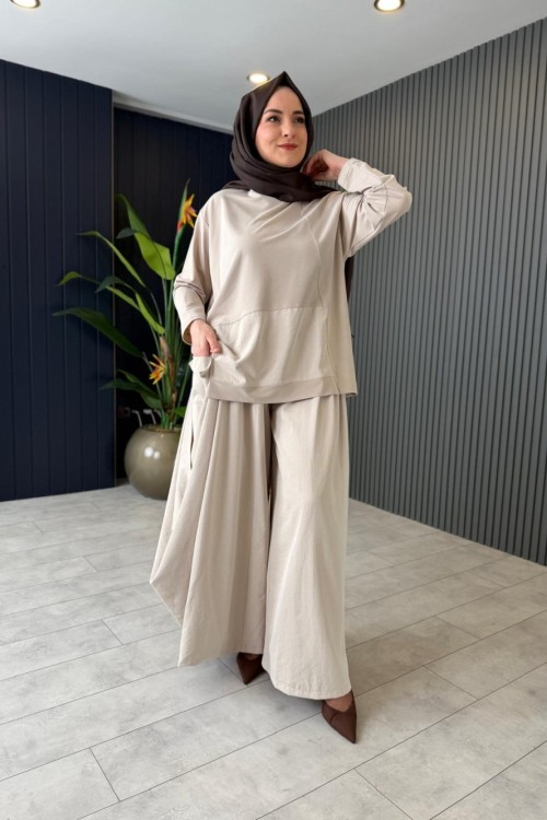 Tasarım Bambu Pantolon Takım Taş Rengi