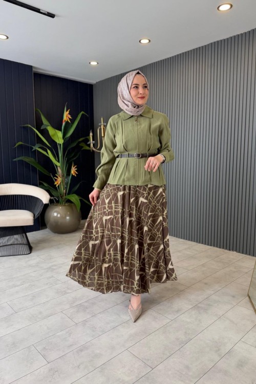 Kemer Detaylı Eteği Desenli Violet Takım Haki