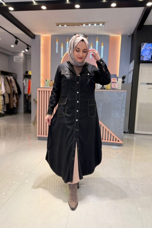 Cep Detaylı Kapüşonlu Kot Elbise-Kap Siyah