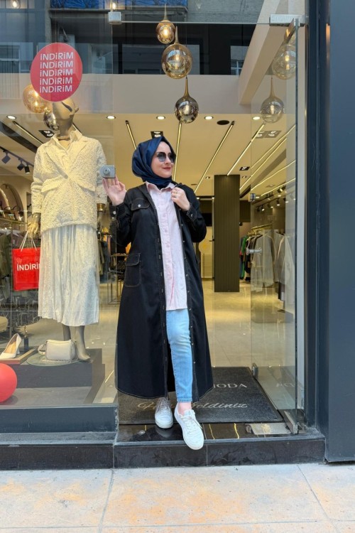 Cep Detaylı Kapüşonlu Kot Elbise-Kap Siyah