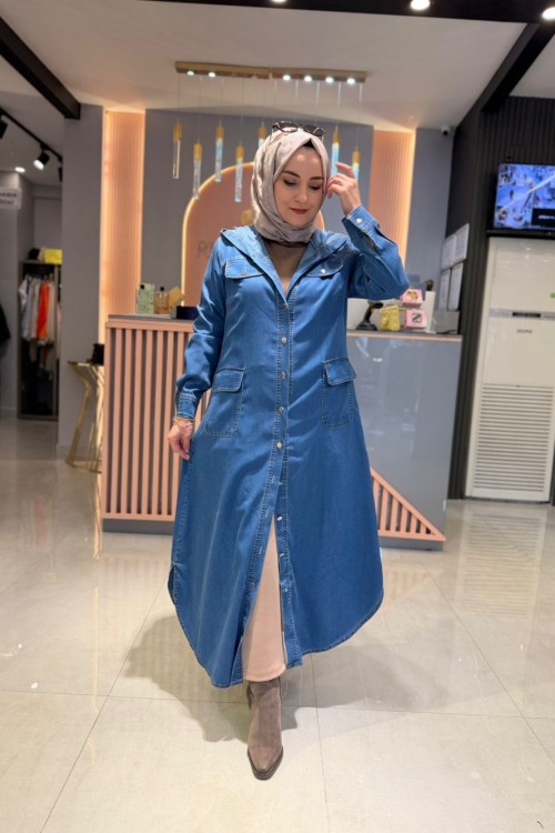 Cep Detaylı Kapüşonlu Kot Elbise-Kap Mavi