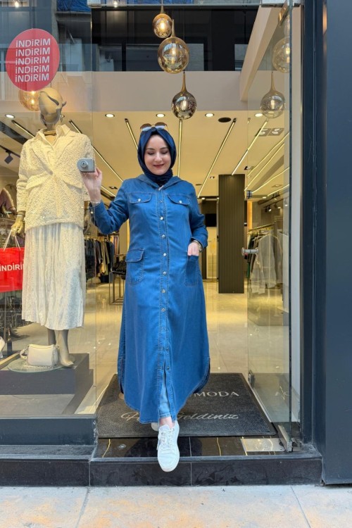 Cep Detaylı Kapüşonlu Kot Elbise-Kap Mavi