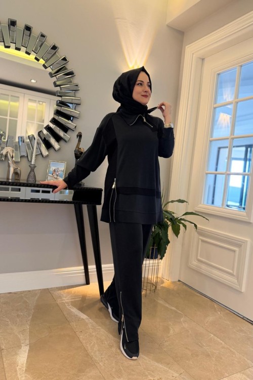 Yaka Fermuar Detaylı Mine Takım  Siyah