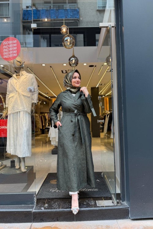 Kol ve Yaka Taş Detaylı Jakar Kap Haki