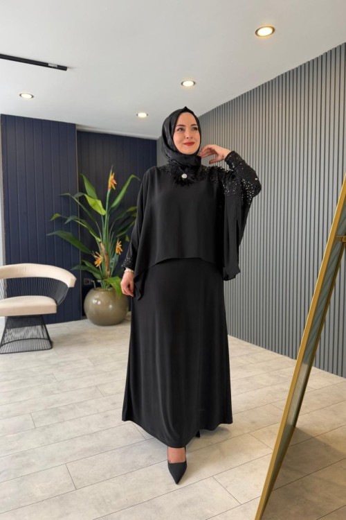 Yaka Broşlu Şifon Payet Detaylı İkili Elbise Siyah