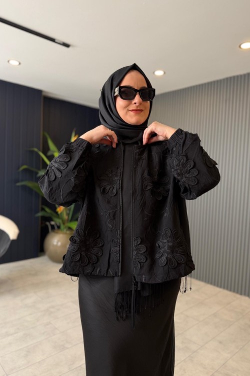 Premium Çiçek İşlemeli İthal Ceket Siyah
