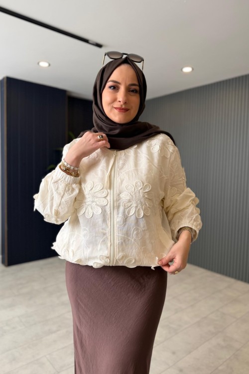 Premium Çiçek İşlemeli İthal Ceket Krem