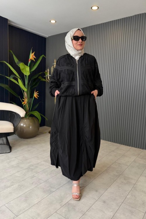 Premium Büzgü Detaylı İthal Etek Siyah