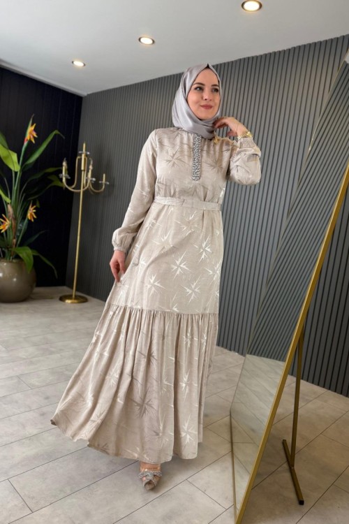 Taş Detaylı Jakar Elbise Taş Rengi