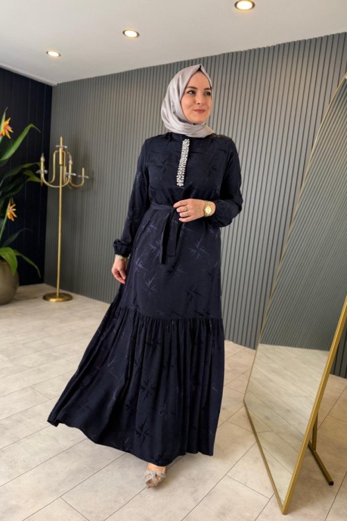 Taş Detaylı Jakar Elbise Lacivert