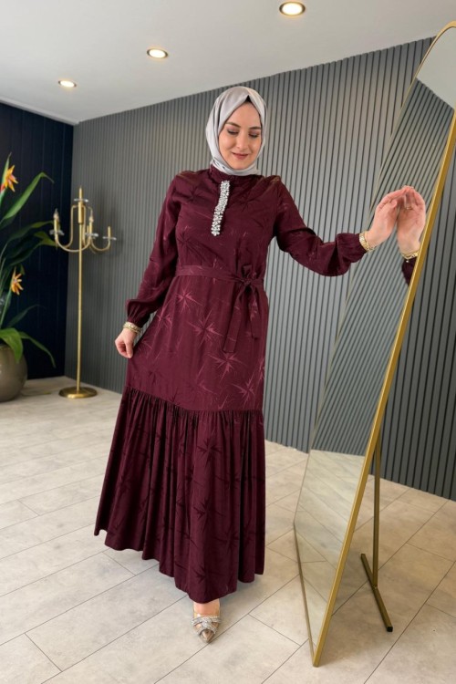 Taş Detaylı Jakar Elbise Bordo