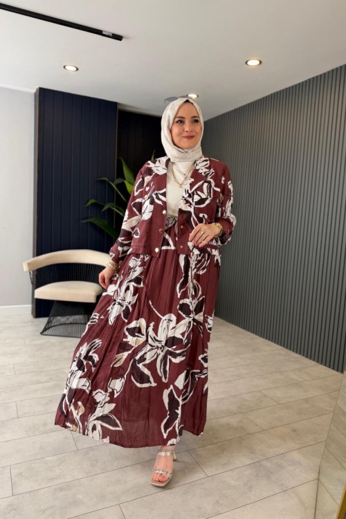 Önden Çıtçıtlı Eteği Kraşlı Begonvil Takım Bordo