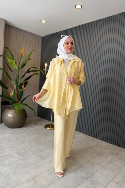 Önden Katkat Bağlama Detaylı Nil Takım Sarı