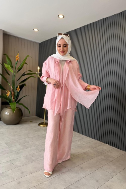 Önden Katkat Bağlama Detaylı Nil Takım Pembe
