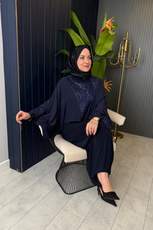 Şifon V Payetli Abiye Elbise Lacivert