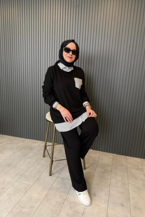 Gömlek Detaylı İkili Pantolonlu Takım Siyah