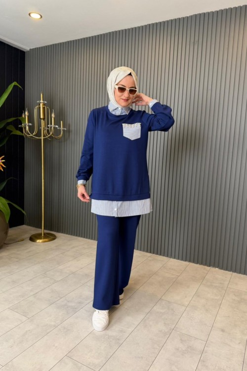 Gömlek Detaylı İkili Pantolonlu Takım Parlement Mavi
