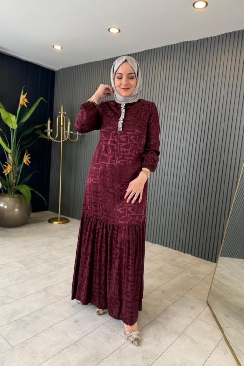 Taşlı Jakar Elbise Bordo
