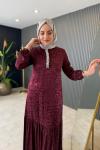 Taşlı Jakar Elbise Bordo
