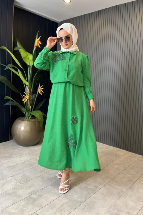 Çiçek Detaylı Keten Etekli Takım Yeşil