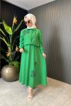 Çiçek Detaylı Keten Etekli Takım Yeşil